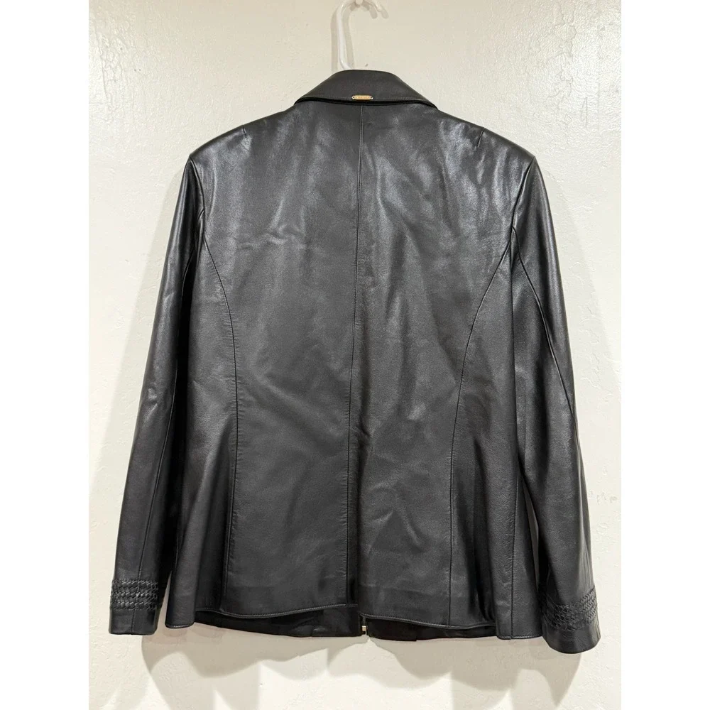 St John Sport Marie Gray Black Leather Jacket Woven Trim Gold Hardware Small